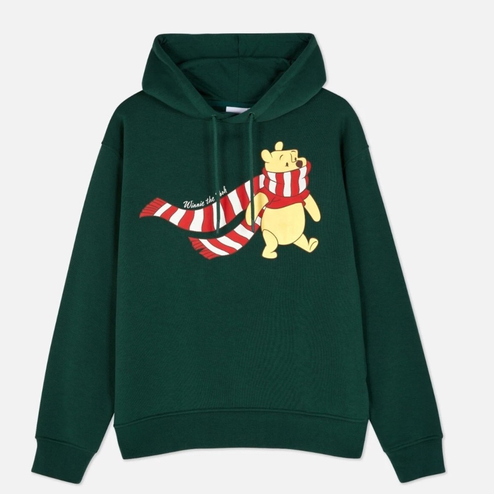 Disney💎 Winnie the Pooh Women’s Pullover Green Christmas Hoodie Sz Medium 17”ptp